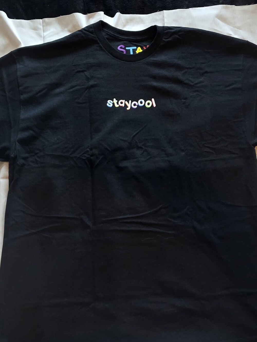 Black Graphic Tee with Small Multicolor Staycool Logo